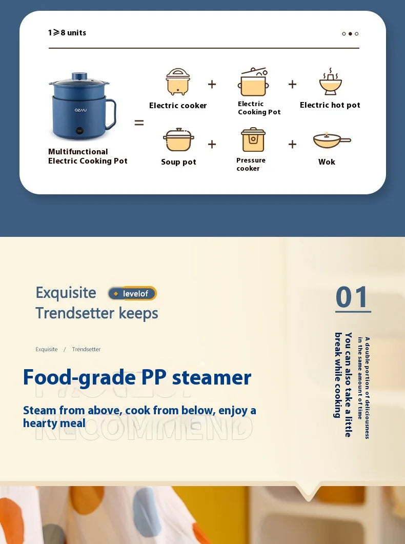 220V Multifunctional Mini Electric Cooker Home Use Stainless Steel Student Dormitory Bedroom 1.8L Cooking Pot Small Fryer Pot