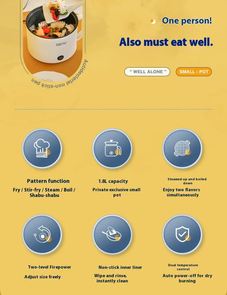 220V Multifunctional Mini Electric Cooker Home Use Stainless Steel Student Dormitory Bedroom 1.8L Cooking Pot Small Fryer Pot