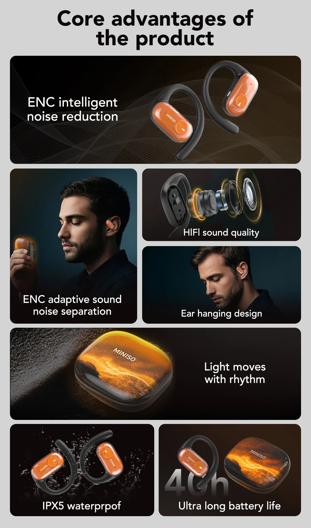 [Quicksand] MINISO MS185 Wireless Headphones Luminous Quicksand OWS Sports Bluetooth Earphones with Mic 8 Hours Long-Lifetime